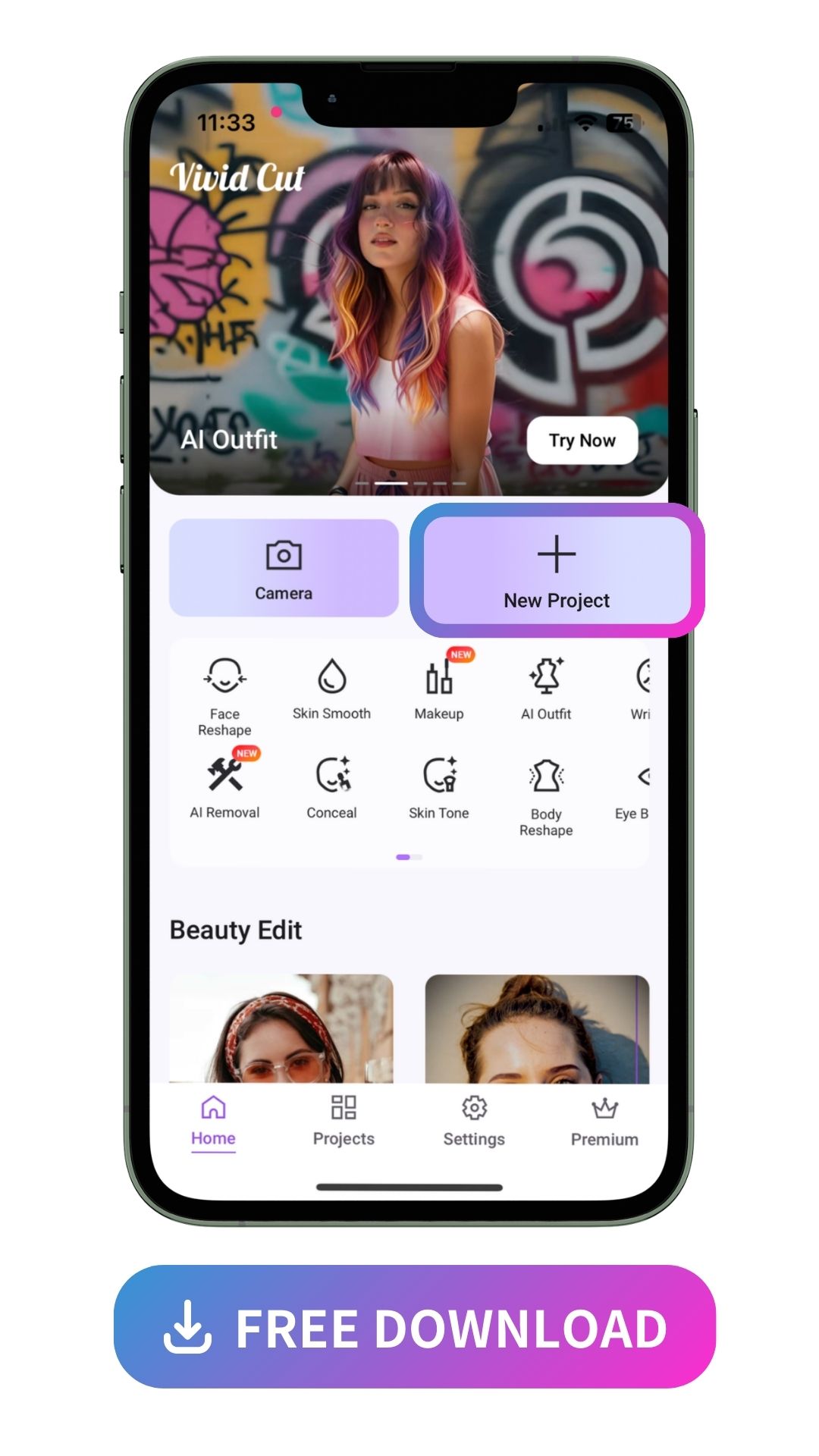 launcher of Vivid Glam and highlight New Project feature icon
